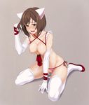  absurdres animal_ears bell blush breasts brown_hair cat_ears commentary_request criss-cross_halter cum cum_on_body cum_on_breasts cum_on_upper_body elbow_gloves fang full_body gloves green_eyes halter_top halterneck highres idolmaster idolmaster_cinderella_girls large_breasts lingerie looking_at_viewer maekawa_miku navel nipples oku_(okumen) open_mouth panties panties_aside red_footwear ribbon shoes short_hair simple_background sitting solo thighhighs underwear wariza white_gloves white_legwear 