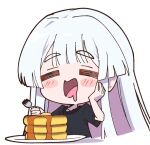  1girl blush_stickers butter chibi cho_kaguya-hime! closed_eyes colored_inner_hair drooling food grey_hair hand_on_own_chest holding holding_food kirigakure_(iroiro_tsukauyo) long_hair multicolored_hair open_mouth pancake pancake_stack pink_hair plate runami_yachiyo solo syrup two-tone_hair white_background 