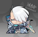  1girl adeptus_astartes alpha_legion alpharius_omegon armor artist_name character_request check_character chibi chibi_only genderswap genderswap_(mtf) gradient_background hair_over_one_eye holding holding_weapon loincloth looking_to_the_side lowres one_eye_covered plasma_pistol power_armor primarch roman_numeral ryuusei_(mark_ii) smile solo tagme warhammer_40k weapon 
