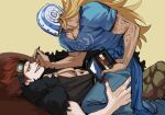  2boys applying_another's_makeup applying_makeup black_shirt blonde_hair blue_pants commentary_request cosmetics denisefanta eustass_kid highres holding holding_brush holding_makeup_brush holding_makeup_palette killer_(one_piece) large_hands lesbians_doing_makeup_(meme) long_hair lying makeover makeup_brush makeup_palette male_focus mask meme multiple_boys on_back one_piece pants red_hair shirt short_hair short_sleeves straddling yaoi 