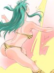  1girl ass blush boots breasts dimples_of_venus dutch_angle green_hair highres horns kico_factory knee_boots large_breasts long_hair lum median_furrow pointy_ears shoulder_blades sidelocks signature solo thighs tiger_print_bikini urusei_yatsura yellow_boots 