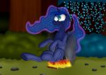 bodily_fluids burning butt butt_on_fire campfire cutie_mark digital_media_(artwork) equid equine feathered_wings feathers female feral fire friendship_is_magic hasbro horn hot_rolls mammal my_little_pony mythological_creature mythological_equine mythology pain princess_luna_(mlp) sitting solo tears uhoh winged_unicorn wings