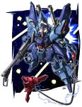  absurdres asymmetrical_dual_wielding beam_rifle chibi commentary_request dual_wielding electricity energy_gun exhaust explosion full_body glowing glowing_eyes gun gundam hambrabi highres holding holding_gun holding_weapon mecha mecha_focus mobile_suit no_humans red_eyes redesign robot science_fiction sd_gundam shoulder_cannon signature solo space star_(sky) weapon whip yatta070622 zeta_gundam 