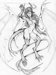  armpits breasts clothed clothing dragon female feral hair horn kitty_silence looking_at_viewer membranous_wings midriff monster_girl navel nipples nude simple_background sketch solo traditional_media_(artwork) white_background wide_hips wings 