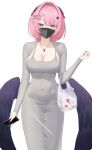  1girl 4kebidayo absurdres alternate_costume bag black_bow black_mask black_wings bow breasts cleavage collarbone commentary_request covered_navel cowboy_shot dongtan_dress dress grey_dress hair_between_eyes hair_bow highres holding holding_bag holding_phone jewelry large_breasts looking_at_viewer low_wings mask medium_hair mouth_mask multicolored_nails necklace phone pink_eyes pink_hair purple_nails ramiel_(zenless_zone_zero) red_nails shopping_bag silver_ring simple_background solo taut_clothes taut_dress tight_clothes tight_dress white_background wings zenless_zone_zero 