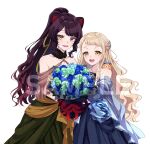 2girls :d alternate_costume alternate_hairstyle animal_ears animal_on_shoulder bare_shoulders black_choker blonde_hair blue_shawl blush bouquet braid brown_hair brown_shawl chili-tomato_(gekikaraya) choker dog_ears dress dress_flower evening_gown eyelashes fangs flower formal_clothes gonzalez_(machita_chima) green_dress half_up_braid hamster hamster_on_shoulder heterochromia highres holding holding_bouquet hood hood_down inui_toko long_dress long_hair looking_at_viewer machita_chima multiple_girls nijisanji nornis open_mouth ponytail red_eyes sample_watermark shawl short_bangs sidelocks simple_background smile strapless strapless_dress teeth thick_eyebrows upper_teeth_only virtual_youtuber watermark white_background yellow_eyes 