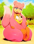  bush eyelashes furry gen_1_pokemon gen_4_pokemon grass hug hug_from_behind lipstick makeup nervous_smile no_humans pokemon pokemon_(creature) sitting sitting_on_lap sitting_on_person slowpoke smile sunibee sweatdrop tail tree 