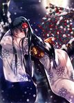  absurdres black_hair flower hair_flower hair_ornament highres japanese_clothes kimono long_hair moon night orange_eyes scan snow solo winter zinno 