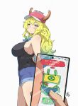  1girl 1other arms_behind_head artist_logo artist_name ass bare_arms bare_shoulders baseball_cap black_tank_top blonde_hair blush brazilian_flag brazilian_flag_print breasts cellphone commentary_request denim denim_shorts dragon_girl dragon_horns flag_print gradient_hair green_hair hair_between_eyes hat heterochromia holding holding_phone horns horns_through_headwear jk_arts kobayashi-san_chi_no_maidragon large_breasts like_and_retweet logo long_hair looking_at_viewer lucoa_(maidragon) multicolored_hair own_hands_together phone pov pov_hands short_shorts shorts sideboob simple_background smartphone tan tank_top thick_thighs thighs twitter_username unusually_open_eyes white_background yellow_pupils yellow_tank_top 