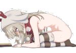  1girl absurdres animal_ears animal_hood antlers breasts breath bright_pupils brown_thighhighs commentary_request deer_ears fake_animal_ears fake_antlers highres hood horns long_hair naked_dogeza nipples nude oldsickkim on_floor original pom_pom_(clothes) red_eyes red_scarf reindeer_antlers reindeer_hood scarf simple_background small_breasts striped_clothes striped_thighhighs sweat tearing_up thighhighs trembling white_background white_pupils 