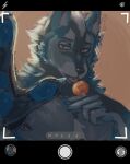 absurd_res anthro axel_(axelhowl) bangs blue_body blue_fur camera camera_hud camera_overlay camera_view candy canid canine canis dessert food fur grey_body grey_fur handpaw hi_res lollipop looking_at_viewer low_light male mammal orange_eyes paran0ya paws pecs simple_background solo tired_eyes wolf