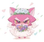  blush bouquet chicokado clothing cocotama corsage dress ear_piercing feline female flower hair himitsu_no_cocotama mammal piercing pink_eyes pink_hair plant ribbons solo sweat wedding_dress yurano_(cocotama) 