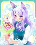  1girl animal_ears aqua_dress blush bow casual chiffon commentary_request dress ear_bow ear_ribbon food green_dress holding holding_spoon horse_ears horse_girl horse_tail long_hair long_sleeves mejiro_mcqueen_(casual)_(umamusume) mejiro_mcqueen_(umamusume) open_mouth parfait pinafore_dress purple_eyes purple_hair ribbon shirt sitting sleeveless sleeveless_dress smile spoon table tail teeth umamusume upper_teeth_only white_shirt 