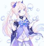  1girl blue_choker bow bow-shaped_hair brooch bubble chest_bow choker collarbone detached_sleeves dot_nose facing_to_the_side frilled_shorts frilled_sleeves frills genshin_impact gloves gradient_hair gradient_horns grey_thighhighs horns jewelry large_bow long_hair long_sleeves multicolored_hair multicolored_horns open_mouth purple_eyes purple_horns sangonomiya_kokomi sera_wi shorts simple_background smile thighhighs twintails very_long_hair white_background white_gloves white_shorts 