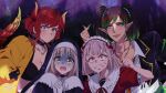  1boy 3girls anger_vein angry black_bustier black_choker black_dress black_hair black_veil blush breasts brown_hair bustier capelet chili-tomato_(gekikaraya) choker cleavage clenched_hand clenched_teeth commentary_request crossdressing crossdressing_(mtf) dola_(4th_costume)_(nijisanji) dola_(nijisanji) dragon_horns dragon_tail dress earrings elu_(8th_costume)_(nijisanji) elu_(nijisanji) eyeshadow gloom_(expression) gloves gradient_hair green_eyeshadow green_hair green_lips grey_hair guimpe hairband hanabatake_chaika hanabatake_chaika_(3rd_costume) heart heart_earrings highres hoop_earrings horns jacket jewelry jitome large_breasts lipstick lolita_hairband long_hair looking_at_viewer makeup multicolored_hair multiple_girls nijisanji nun nun_headdress official_alternate_costume pointy_ears puritan_collar red_dress red_eyes red_hair sanpaku scared shirt short_hair short_sleeves sister_claire sister_claire_(1st_costume) small_sweatdrop straight_hair tail tearing_up teeth textless_version twintails upper_body veil virtual_youtuber white_capelet white_gloves white_shirt wide-eyed wispy_bangs yellow_jacket 