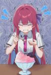  1girl absurdres black_skirt blue_hair brain_freeze chaos_zero_nightmare closed_eyes colored_inner_hair commentary_request cup food gloom_(expression) highres konnzyou long_hair multicolored_hair necktie purple_hair purple_necktie rei_(chaos_zero_nightmare) shaved_ice shirt skirt solo two-tone_hair very_long_hair white_shirt 