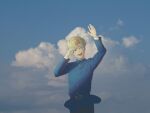  1boy belt black_belt black_pants blonde_hair blue_eyes blue_jacket chi.:_chikyuu_no_undou_ni_tsuite cloud cloudy_sky commentary_request cowboy_shot gold_buttons hair_between_eyes hand_up highres jacket looking_at_viewer open_mouth pants parted_bangs rafal_(chi.) short_hair sky smile solo swept_bangs tamanae 