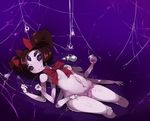  black_hair bug extra_eyes fangs fewer_digits flat_chest insect_girl lying monster_girl muffet multiple_arms navel nipples nude on_back purple_eyes purple_skin pussy ribbon short_hair silk smile solo spider spider_girl spider_web two_side_up undertale visark 