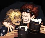  2boys alcohol beer beer_mug black_background blonde_hair clenched_teeth closed_eyes commentary_request cup denisefanta eustass_kid foam goggles goggles_on_head grin highres killer_(one_piece) male_focus mug multiple_boys one_piece polka_dot polka_dot_shirt purple_lips red_hair shirt short_hair smile teeth 