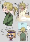  ... ahoge bed belt blanket blonde_hair blue_eyes blush chibi commentary cropped_torso green_hat grey_background hat highres long_sleeves looking_at_mirror medium_hair military_hat military_uniform mirror multiple_girls open_mouth ponytail sidelocks simple_background sink stretching syake_chi tanya_degurechaff tying_hair under_covers waking_up yawning youjo_senki 