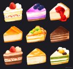  cake cake_slice cheesecake chocolate_cake food food_focus fruit highres kiwi_(fruit) kiwi_slice no_humans original rizu_(rizunm) sponge_cake strawberry strawberry_shortcake 
