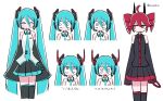  2girls :/ ahoge aqua_eyes aqua_hair bare_shoulders black_shirt black_skirt black_sleeves black_thighhighs collared_shirt commentary_request cropped_torso detached_sleeves drill_hair forked_tongue grey_shirt hair_between_eyes hair_ornament hatsune_miku headphones highres horns jitome kasane_teto kasane_teto_(utau) kinnzoku long_hair long_sleeves looking_at_viewer looking_to_the_side looking_up multiple_girls multiple_views necktie number_tattoo red_eyes red_hair shirt single_sleeve_past_fingers skirt sleeveless sleeveless_shirt smile split_dance_(vocaloid) standing tattoo thighhighs tongue tongue_out translated twin_drills twintails twitter_username utau very_long_hair vocaloid white_background wide-eyed 