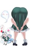  2girls amen_pose_(meme) arm_around_leg ass ass_focus bent_over biting black_bow black_bowtie black_hairband black_socks blush_stickers bow bowtie commentary_request food frilled_skirt frills from_behind frontbend fruit green_skirt green_vest hairband highres hitodama_print konpaku_youmu konpaku_youmu_(ghost) mary_janes meme multiple_girls multiple_views peach presenting presenting_ass saigyouji_yuyuko sheath shoes short_hair skirt socks steepled_fingers touhou vest white_background white_hair yuri_kowashi_(tetsukabuto_nuranura) 