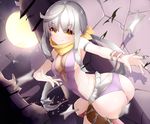  ahoge bad_id bad_pixiv_id boruhis breasts cleavage eyebrows eyebrows_visible_through_hair hair_ribbon knife kunoichi_(sengoku_musou) long_hair looking_at_viewer medium_breasts moon ninja panties ponytail purple_panties ribbon sengoku_musou shuriken sideboob silver_hair solo underwear yellow_eyes yellow_ribbon 