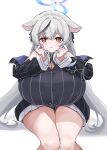  1girl absurdres alternate_breast_size_(larger) animal_ears bare_shoulders black_dress black_hair black_jacket blue_archive blue_halo blush breasts brown_eyes china_dress chinese_clothes cleavage cleavage_cutout clothing_cutout commentary_request crossed_bangs dress gradient_halo grey_hair halo highres huge_breasts jacket kokona_(blue_archive) korean_commentary lir_(cuhc3357) looking_at_viewer multicolored_hair multicolored_halo oppai_loli parted_lips solo streaked_hair striped_clothes striped_jacket thick_thighs thighs tiger_ears vertical-striped_clothes vertical-striped_jacket 