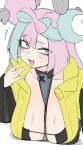  1girl bikini black_bikini blue_hair blush bow-shaped_hair breasts character_hair_ornament cleavage commentary_request eyepatch_bikini hair_ornament highres hizake_mozu iono_(pokemon) jacket large_breasts long_hair long_sleeves looking_at_viewer multicolored_hair open_mouth pink_hair pokemon pokemon_scarlet_and_violet purple_eyes smile solo split-color_hair sweat swimsuit twintails two-tone_hair yellow_jacket 