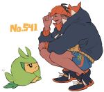  1boy :< adjusting_clothes adjusting_headwear black_hair black_hoodie black_shoes chuu_ni closed_mouth commentary_request dark-skinned_male dark_skin elbow_on_knee from_side frown headband hood hood_down hoodie long_sleeves looking_at_another male_focus medium_sideburns open_mouth orange_headband orange_hoodie pokemon pokemon_(creature) pokemon_sword_and_shield profile raihan_(pokemon) shoes short_hair sideburns smile solo spiked_hair squatting swadloon two-sided_hoodie white_background 