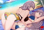  1girl aqua_eyes ass beach black_hair blue_nails braid breasts bright_pupils cloud commentary feather_hair_ornament feathers flower girarikyo grey_hair hair_ornament hand_on_another's_back highres hololive hololive_indonesia long_hair median_furrow multicolored_hair ocean pavolia_reine red_flower shadow sky streaked_hair sunglasses virtual_youtuber wet white_pupils 