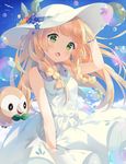  bare_arms bird blonde_hair blue_sky bracelet braid bubble cloud d: day dress earrings eyebrows eyebrows_visible_through_hair flower flying forget-me-not_(flower) gem gen_7_pokemon green_eyes hair_over_shoulder hand_on_headwear hat hat_flower hat_ribbon highres hitsukuya jewelry lillie_(pokemon) long_hair looking_at_viewer open_mouth petals poke_ball_theme pokemon pokemon_(creature) pokemon_(game) pokemon_sm ribbon rowlet sky sleeveless sleeveless_dress solo sparkle sun_hat sundress twin_braids white_dress white_hat wind wind_lift 