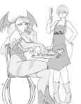  2girls =_= animal_print apron bat_print bat_wings boots bridal_gauntlets burger capcom chair darkstalkers demon_girl eating english_text food full_body greyscale hand_on_own_hip head_wings highleg highleg_leotard highres leotard lilith_(darkstalkers) monochrome morrigan_aensland motion_lines multiple_girls mystical_(plantpenetrator) pantyhose pigeon-toed print_pantyhose short_hair sitting sketch standing table tongs triangle_mouth white_background wings 