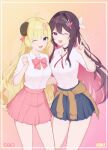  2girls ;d absurdres ahoge animal_ears asymmetrical_sidelocks azki_(hololive) black_choker blonde_hair blush border bow bowtie braid breasts brown_hair cardigan cardigan_around_waist choker clothes_around_waist colored_inner_hair commentary double-parted_bangs gradient_background gyaru hair_intakes hair_ornament hairclip half_up_braid half_up_half_down_braid heart heart_choker highres hololive horns kogal long_hair long_sleeves looking_at_viewer medium_breasts miniskirt mole mole_under_eye multicolored_hair multiple_girls neck_ribbon official_alternate_costume one_eye_closed open_mouth pink_bow pink_bowtie pink_hair pink_shirt pink_streaks pleated_skirt ponytail purple_eyes red_ribbon ribbon sheep_ears sheep_girl sheep_horns shirt short_ponytail sidelocks skirt sleeves_rolled_up smile streaked_hair teeth translated tsunomaki_watame undone_neck_ribbon upper_teeth_only veil very_long_hair virtual_youtuber vmerin white_shirt white_streaks 
