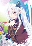  ;) aloe_(kenkou3733) bangs blue_flower blue_rose blush bunny butterfly_hair_ornament capelet chair character_name closed_mouth cup day echidna_(re:zero) eyebrows eyebrows_visible_through_hair eyelashes flower from_side grass hair_between_eyes hair_ornament hairclip highres holding holding_cup light_particles long_hair long_sleeves looking_at_viewer one_eye_closed outdoors parasol pink_flower pink_rose plate purple_flower purple_rose re:zero_kara_hajimeru_isekai_seikatsu ribbon_trim rose shade smile solo spoon statue table tea tea_party teacup teapot umbrella upper_body vase white_flower white_rose yellow_flower yellow_rose 