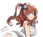  1girl breast_pocket breasts brown_hair chuchu_tako commentary_request dated dress greyscale high_side_ponytail kantai_collection large_breasts monochrome neckerchief one-hour_drawing_challenge pocket ponytail red_neckerchief saratoga_(kancolle) side_ponytail simple_background smokestack_hair_ornament solo torn_clothes twitter_username white_background white_dress 