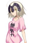  ahoge blonde_hair breasts clothes_writing collarbone fate/grand_order fate_(series) hair_over_one_eye headpiece jeanne_d'arc_(alter)_(fate) jeanne_d'arc_(fate)_(all) large_breasts looking_at_viewer open_mouth pink_shirt shirt skylader solo t-shirt translation_request white_background yellow_eyes 