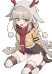  1girl absurdres animal_ears animal_hood antlers blush bound bound_arms breasts bright_pupils brown_skirt brown_thighhighs commentary_request deer_ears fake_animal_ears fake_antlers highres hood horns long_hair looking_at_viewer oldsickkim open_mouth original panties panty_peek pom_pom_(clothes) red_eyes red_scarf reindeer_antlers reindeer_hood scarf shirt sitting skindentation skirt small_breasts striped_clothes striped_thighhighs sweatdrop thighhighs thighs torn_clothes torn_shirt torn_skirt trembling underwear wariza white_background white_panties white_pupils yellow_shirt 