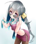  adapted_costume ahoge aqua_neckwear ass blue_eyes blue_hair boruhis breasts brown_legwear buttons cowboy_shot diffraction_spikes gradient gradient_background grey_hair hair_between_eyes hair_ornament kantai_collection kiyoshimo_(kantai_collection) leaning_forward long_hair looking_at_viewer low_twintails midriff multicolored_hair navel necktie pantyhose pencil_skirt purple_shirt purple_skirt shirt simple_background skirt sleeveless small_breasts smile solo sunglasses twintails very_long_hair 