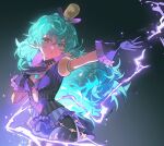  1girl black_bra black_choker black_shorts bra breasts chest_jewel choker cleavage collared_jacket core_crystal_(xenoblade) curly_hair glasses gloves green_eyes green_hair hat heart highres jacket light_bulb lightning long_hair open_clothes open_jacket pandoria_(xenoblade) pointy_ears purple_gloves purple_jacket purple_shorts round_eyewear shorts small_breasts striped_clothes striped_jacket toki0830 underwear vertical-striped_clothes vertical-striped_jacket xenoblade_chronicles_(series) xenoblade_chronicles_2 