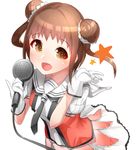  :d antenna_hair boruhis brown_eyes brown_hair double_bun gloves heart heart-shaped_pupils holding holding_microphone idol kantai_collection long_hair looking_at_viewer microphone naka_(kantai_collection) open_mouth remodel_(kantai_collection) school_uniform serafuku simple_background smile solo star symbol-shaped_pupils upper_body white_background white_gloves 