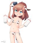  1girl absurdres aged_down animal_ears animal_print baby_bottle bikini blue_eyes bottle brown_hair commentary_request cow_ears cow_horns cow_print cow_print_bikini cow_tail fake_animal_ears fake_horns feet_out_of_frame flat_chest high_side_ponytail highres horns kantai_collection long_hair maru_(marg0613) one-hour_drawing_challenge ponytail print_bikini saratoga_(kancolle) side_ponytail simple_background smokestack_hair_ornament solo swimsuit tail tongue tongue_out white_background 