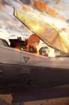  1girl absurdres advarcher aircraft airplane animal_ears blush bomber_jacket bow canopy_(aircraft) closed_mouth cockpit commentary ear_bow ear_ribbon english_commentary f-14_tomcat fighter_jet green_jacket helmet highres holding holding_unworn_helmet horse_ears horse_girl jacket long_hair long_sleeves looking_at_viewer mayano_top_gun_(scramble_zone)_(umamusume) mayano_top_gun_(umamusume) military_vehicle open_cockpit orange_hair pilot sitting sky smile solo two_side_up umamusume unworn_headwear unworn_helmet 