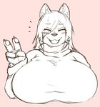  amad_no_moto anthro big_breasts blush breasts canine eyes_closed female huge_breasts mammal mature_female open_mouth smile v_sign 