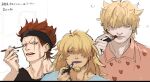  3boys applying_lipstick applying_makeup applying_own_makeup blonde_hair commentary_request cosmetics denisefanta donquixote_rocinante eustass_kid eyeliner facial_hair goatee hair_over_one_eye highres holding holding_lipstick_tube killer_(one_piece) lipstick_tube long_hair makeup male_focus mature_male multiple_boys one_piece parted_lips pink_shirt purple_lips red_hair scar scar_on_face shirt short_hair simple_background white_background 