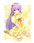  1girl \||/ angel_beats! blush boots border bow brooch butterfly_brooch collarbone commentary_request cosplay cure_lemonade cure_lemonade_(cosplay) dress embarrassed eyes_visible_through_hair flower frilled_sleeves frills hair_between_eyes hair_bow hair_flower hair_ornament highres irie_miyuki jewelry long_hair looking_at_viewer magical_girl open_mouth orange_boots outside_border pleated_dress precure puffy_short_sleeves puffy_sleeves purple_eyes purple_hair red_flower red_rose rose shoe_soles short_sleeves sidelocks simple_background sitting solo straight_hair sybilla_(batvb) tareme thighhighs v_arms very_long_hair wariza wavy_mouth white_border white_bow yellow_background yellow_dress yellow_theme yellow_thighhighs yes!_precure_5 yes!_precure_5_gogo! 