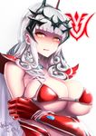  aoiroenogu armor bikini bikini_armor blush breasts cape carmilla_(fate/grand_order) choker cleavage command_spell cosplay curly_hair elizabeth_bathory_(brave)_(fate) elizabeth_bathory_(brave)_(fate)_(cosplay) elizabeth_bathory_(fate)_(all) embarrassed fate/grand_order fate_(series) glaring hand_on_own_arm headpiece large_breasts long_hair pauldrons red_armor red_bikini sideboob signature silver_hair silver_trim simple_background solo string_bikini swimsuit underboob upper_body vambraces white_background white_cape yellow_eyes 