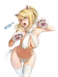  animal_ears athenawyrm blonde_hair blue_eyes breasts cat_ears cat_tail embarrassed large_breasts long_hair looking_at_viewer metroid mole mole_under_mouth navel nyan open_mouth ponytail samus_aran solo tail white_hair 