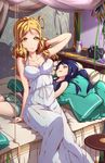  bag bed blonde_hair blue_hair braid breasts canopy_bed cleavage crown_braid dress gown hair_rings half-closed_eyes hand_in_hair highres large_breasts long_hair looking_at_viewer love_live! love_live!_sunshine!! matsuura_kanan multiple_girls ohara_mari on_bed pillow ponytail renze_l school_bag shorts sitting sitting_on_bed sleeping smile tank_top vase yellow_eyes yuri 